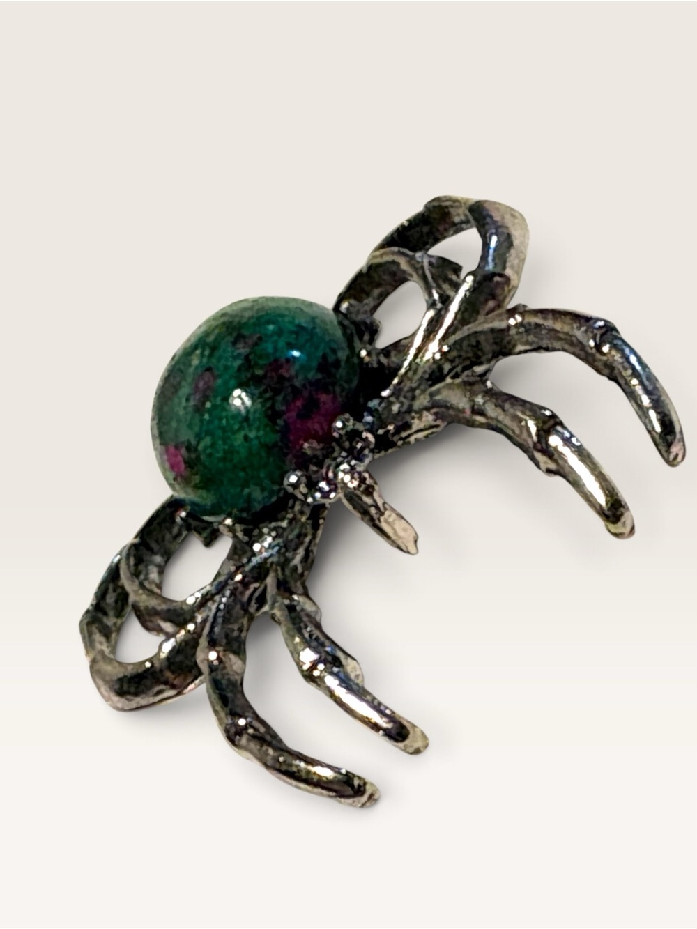 Silver Spider Brooch with Green and Pink Cabochon New Halloween - Picture 5 of 8
